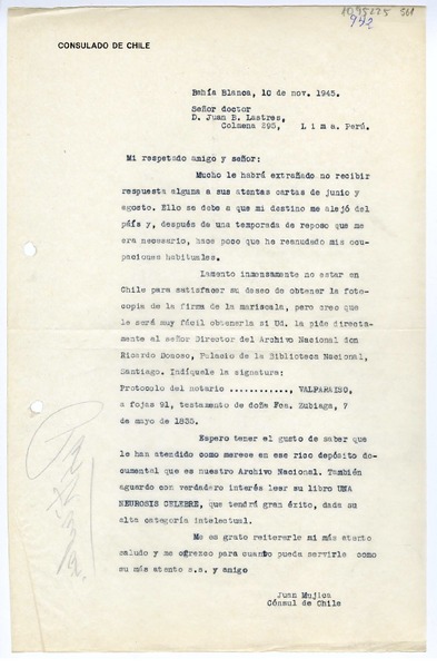 [Carta] 1945 noviembre 10, Bahía Blanca, Argentina [a] Juan B. Lastres, Lima, Perú