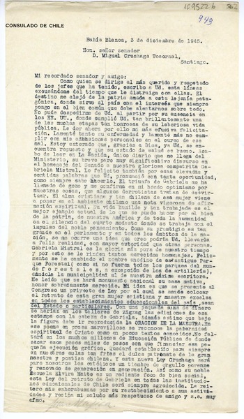 [Carta] 1945 diciembre 3, Bahía Blanca, Argentina [a] Miguel Cruchaga Tocornal, Santiago, Chile