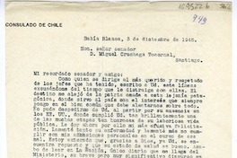 [Carta] 1945 diciembre 3, Bahía Blanca, Argentina [a] Miguel Cruchaga Tocornal, Santiago, Chile