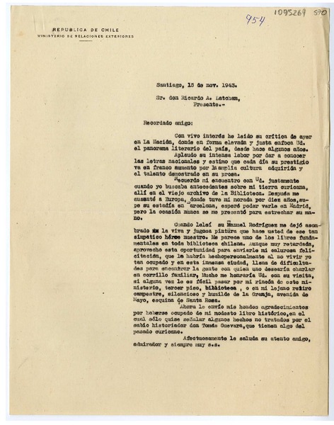 [Carta] 1943 diciembre 15, Santiago, Chile [a] Ricardo A. Latcham