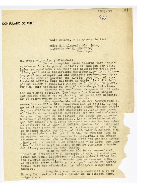 [Carta] 1946 agosto 2, Bahía Blanca, Argentina [a] Clemente Díaz León, Santiago, Chile