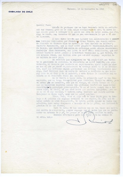 [Carta] 1946 noviembre 19, Caracas, Venezuela [a] Juan Mujica de la Fuente