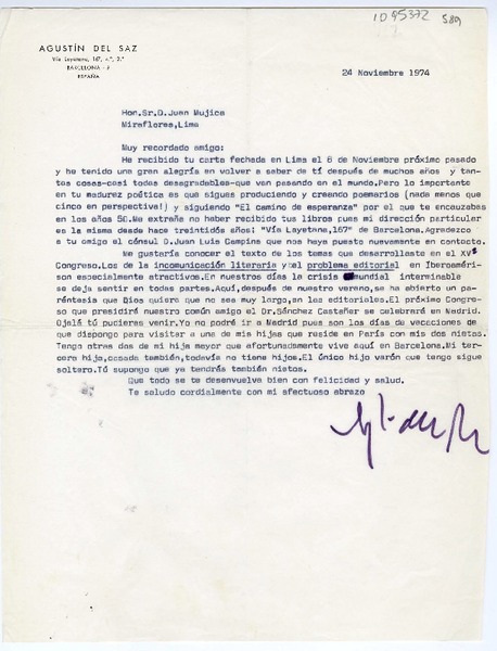 [Carta] 1974 noviembre 24, Barcelona, España [a] Juan Mujica de la Fuente, Lima, Perú