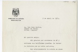[Carta] 1951 abril 2, Washington D. C. [a] Juan Mujica de la Fuente, Bilbao, España