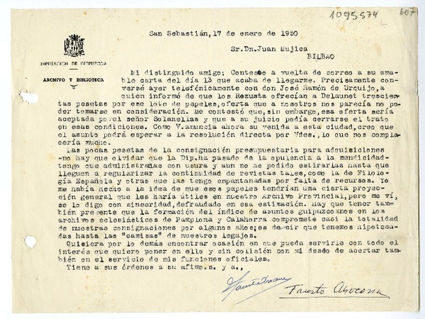 [Carta] 1950 enero 17, San Sebastián, España [a] Juan Mujica, Bilbao, España