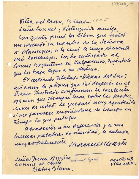 [Carta] 1945 septiembre 19, Viña del Mar, Chile [a] Juan Mujica, Bahía Blanca, Argentina