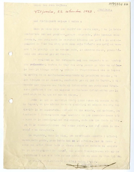 [Carta] 1943 octubre 22, Valparaíso, Chile [a] Juan Mujica, Santiago