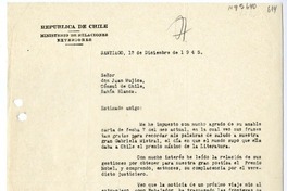 [Carta] 1945 diciembre 12, Santiago, Chile [a] Juan Mujica, Bahía Blanca, Argentina