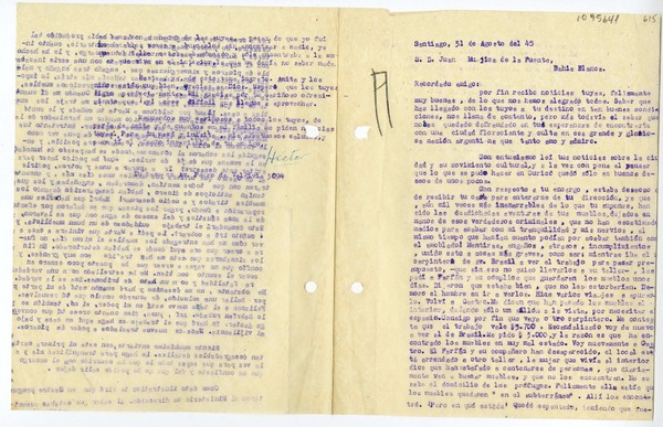 [Carta] 1945 agosto 31, Santiago, Chile [a] Juan Mujica, Bahía Blanca, Argentina