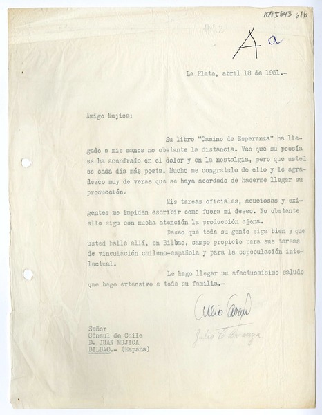 [Carta] 1951 abril, 18, La Plata, Argentina [a] Juan Mujica, Bilbao, España