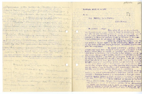 [Carta] 1946 abril 22, Santiago, Chile [a] Juan Mujica, Bahía Blanca, Argentina