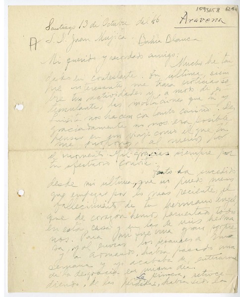 [Carta] 1946 octubre 13, Santiago, Chile [a] Juan Mujica, Bahía Blanca, Argentina