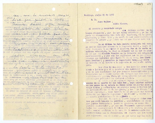 [Carta] 1947 julio 23, Santiago, Chile [a] Juan Mujica, Bahía Blanca, Argentina