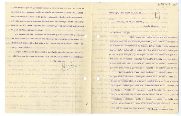 [Carta] 1947 diciembre 22, Santiago, Chile [a] Juan Mujica, Bahía Blanca, Argentina