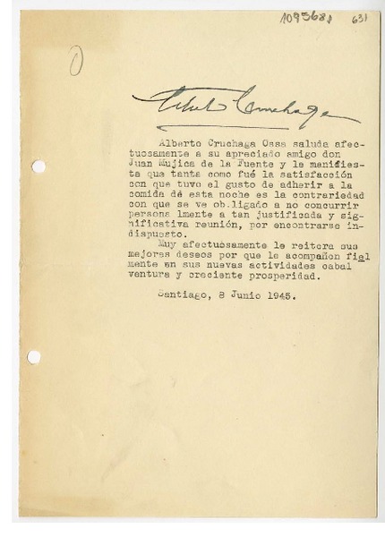 [Carta] 1945 junio 8, Santiago, Chile [a] Juan Mujica, Bahía Blanca, Argentina