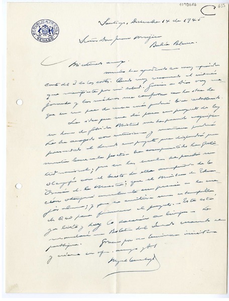 [Carta] 1945 diciembre 14, Santiago, Chile [a] Juan Mujica, Bahía Blanca, Argentina