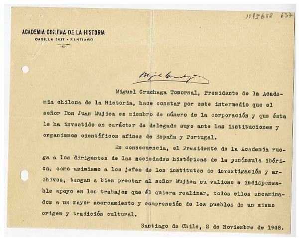 [Carta] 1948 noviembre 2, Santiago, Chile [a] Juan Mujica, Mendoza, Argentina