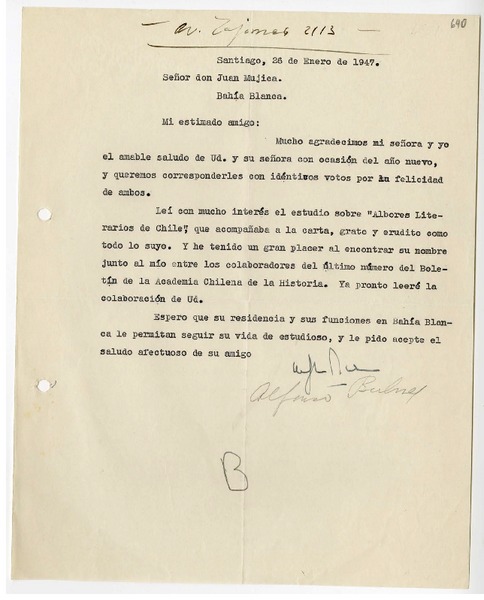 [Carta] 1947 enero 26, Santiago, Chile [a] Juan Mujica, Bahía Blanca, Argentina