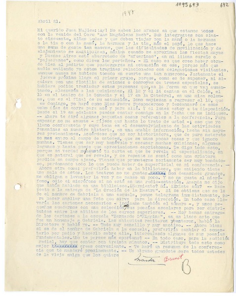 [Carta] [1947] abril 21, Buenos Aires, Argentina [a] Juan Mujica, Bahía Blanca, Argentina