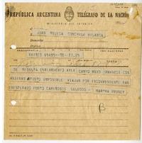 [Telegrama] 1948 mayo 17, Buenos Aires, Argentina [a] Juan Mujica, Bahía Blanca, Argentina