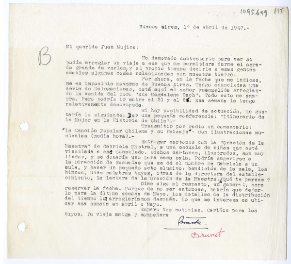 [Carta] 1947 abril 1, Buenos Aires, Argentina [a] Juan Mujica, Bahía Blanca, Argentina