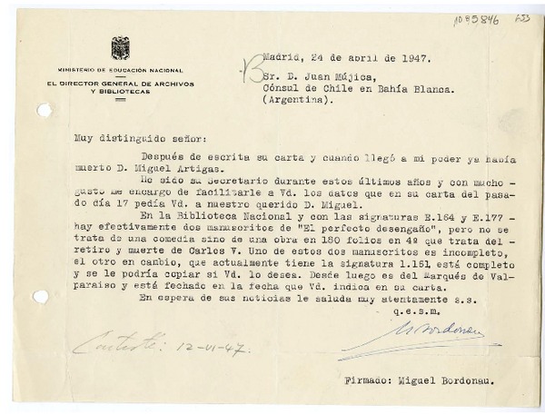 [Carta] 1947 abril 24, Madrid, España [a] Juan Mujica, Bahía Blanca, Argentina