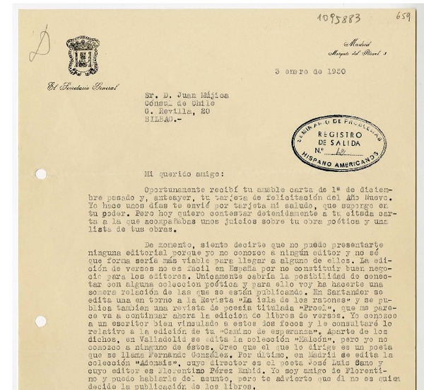 [Carta] 1950 enero 3, Madrid, España [a] Juan Mujica, Bilbao, España