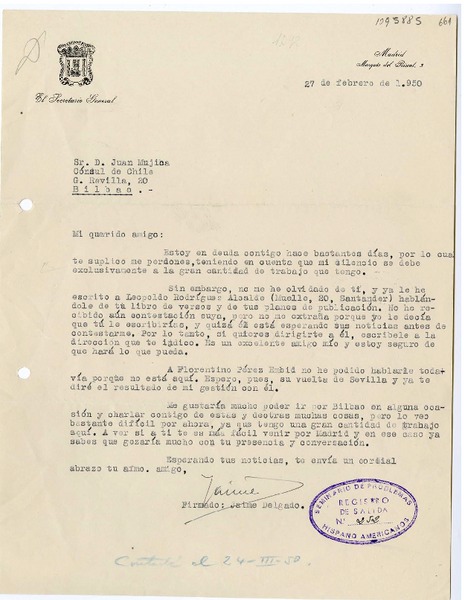 [Carta] 1950 febrero 27, Madrid, España [a] Juan Mujica, Bilbao, España