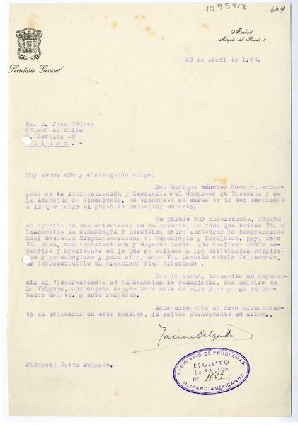 [Carta] 1949 abril 30, Madrid, España [a] Juan Mujica, Bilbao, España
