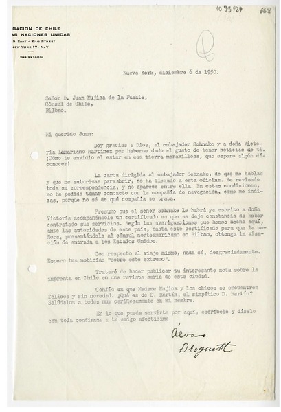 [Carta] 1950 diciembre 6, Nueva York [a] Juan Mujica, Bilbao, España