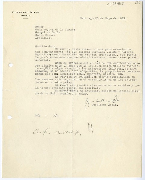 [Carta] 1947 marzo 26, Santiago, Chile [a] Juan Mujica, Bahía Blanca, Argentina