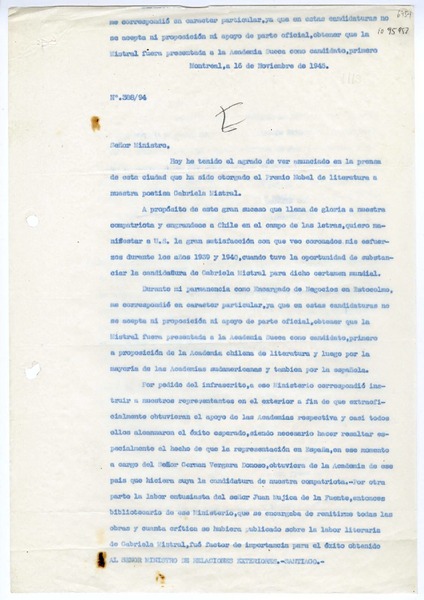 [Oficio N° 38894] 1945 noviembre 16, Montreal, Canadá [al] Ministro de Relaciones Exteriores, Santiago, Chile
