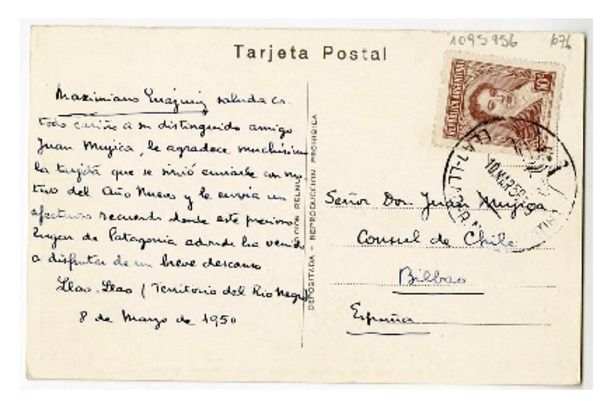 [Postal] 1950 marzo 8, Llao-Llao, Río Negro, Argentina [a] Juan Mujica, Bilbao, España