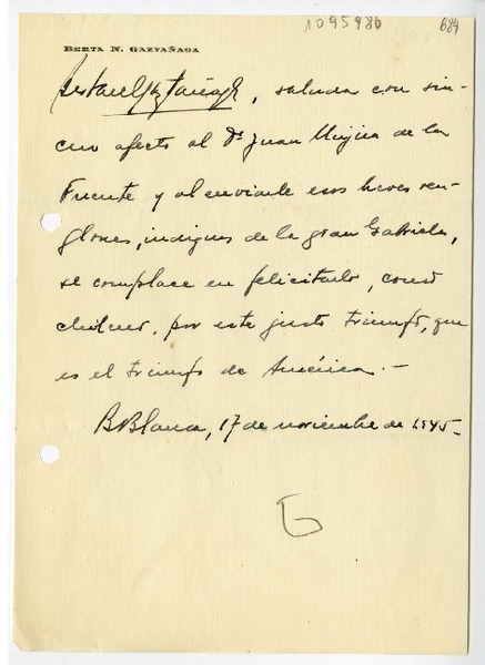[Carta] 1945 noviembre 17, Bahia Blanca, Argentina [a] Juan Mujica de la Fuente