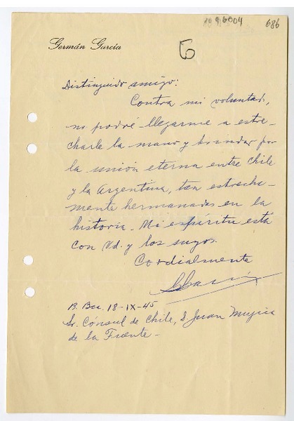 [Carta] 1945 septiembre 18, Bahia Blanca, Argentina [a] Juan Mujica de la Fuente