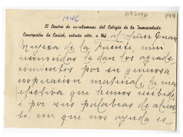 [Tarjeta] 1946, Curico, Chile [a] Juan Mujica de la Fuente