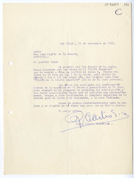 [Carta] 1951 noviembre 21, San Felipe, Chile [a] Juan Mujica de la Fuente, Santiago