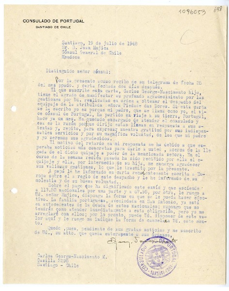 [Carta] 1948 julio 19, Santiago, Chile [a] Juan Mujica de la Fuente, Mendoza, Chile