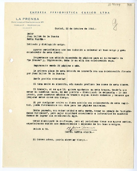 [Carta] 1946 octubre 22, Curicó, Chile [a] Juan Mujica de la Fuente, Bahía Blanca, Argentina