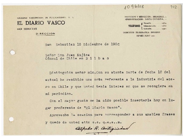[Carta] 1950 diciembre 15, San Sebastián, España [a] Juan Mujica de la Fuente, Bilbao