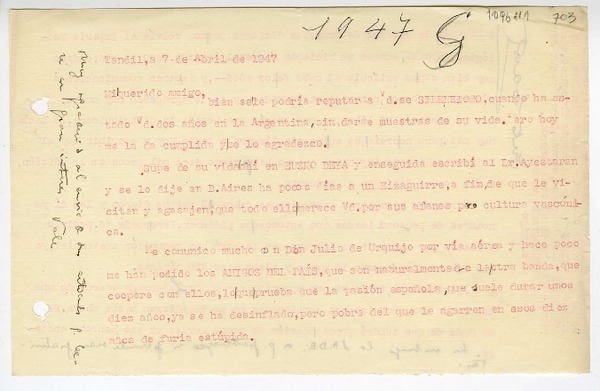 [Carta] 1947 abril 7, Tandil, Argentina [a] Juan Mujica de la Fuente, Bahía Blanca, Argentina