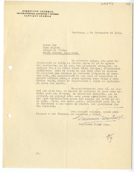 [Carta] 1946 noviembre 2, Santiago, Chile [a] Juan Mujica de la Fuente, Bahía Blanca, Argentina