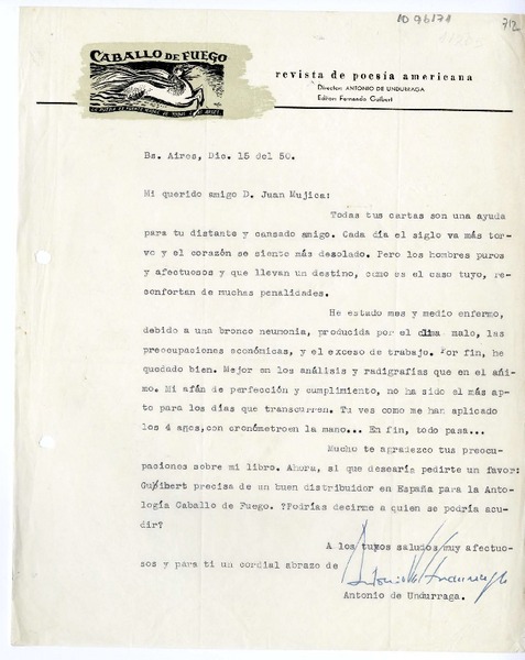 [Carta] 1950 diciembre 15, Buenos Aires, Argentina [a] Juan Mujica de la Fuente, Bilbao, España