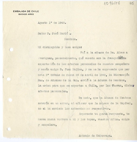 [Carta] 1949 agosto 1, Buenos Aires, Argentina [a] José Marió, Mendoza