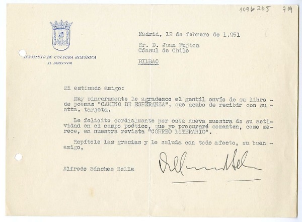 [Carta] 1951 febrero 12, Madrid, España [a] Juan Mujica de la Fuente, Bilbao, España