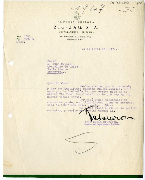 [Carta] 1947 abril 14, Santiago, Chile [a] Juan Mujica de la Fuente, Bahía Blanca, Argentina