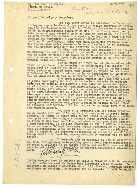 [Carta] 1949 mayo 24, Santiago, Chile [a] Juan Mujica de la Fuente, Bilbao, España