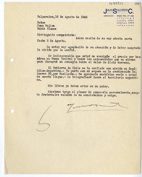 [Carta] 1945 agosto 16, Valparaíso, Chile [a] Juan Mujica de la Fuente, Bahía Blanca, Argentina
