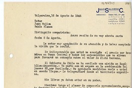 [Carta] 1945 agosto 16, Valparaíso, Chile [a] Juan Mujica de la Fuente, Bahía Blanca, Argentina