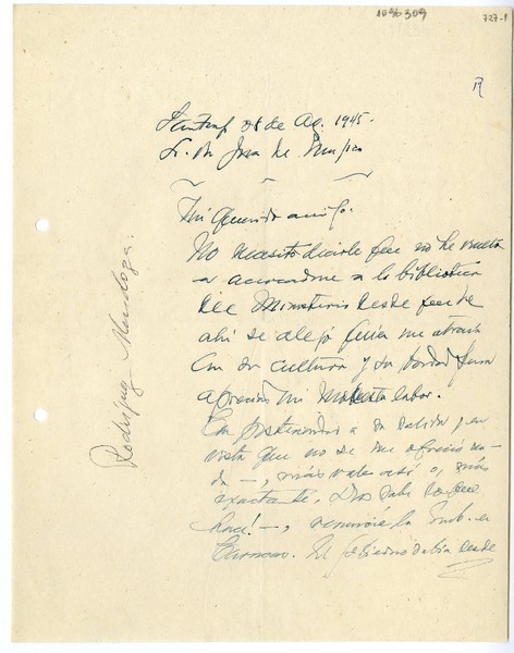 [Carta] 1945 agosto 28, Santiago, Chile [a] Juan Mujica de la Fuente, Bahía Blanca, Argentina